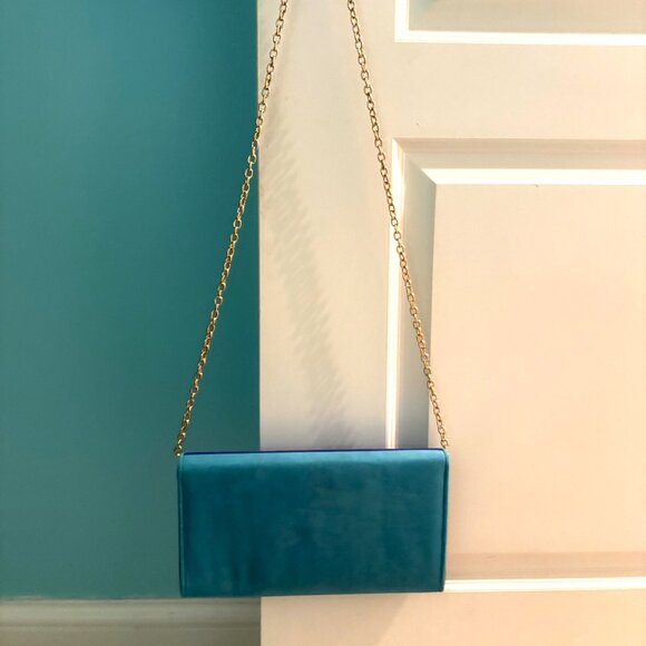 Aldo Color Block Teal and Cobalt Blue Suede Crossbody Clutch Gold Hardware NWT - Picture 4 of 12